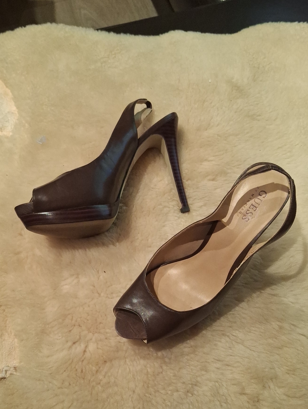 GUESS Dark Brown Peep-Toe Slingback Platform Heels